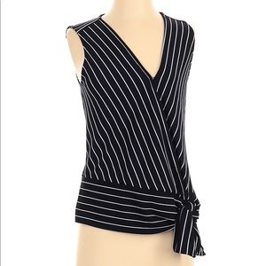 Banana Republic Navy/White Pinstripe Faux Wrap Sleeveless Top with Tie Waist